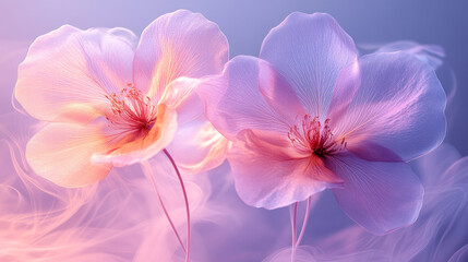 Fototapeta premium A delicate, wispy bouquet of ethereal flowers with translucent petals in pastel pink and lilac, softly glowing against a misty background, isolated on a pastel lavender backdrop,