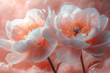 Light, wispy peonies with semi-transparent petals in pale peach and white, surrounded by a soft, glowing mist, isolated on a pastel pink background,