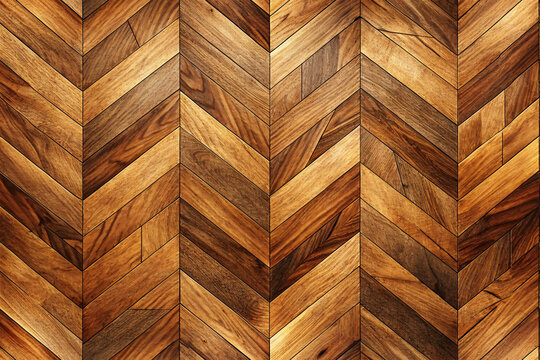 A wood floor with a chevron pattern, featuring rich tones of brown with grain variations that create a refined, timeless look