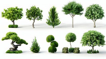Fototapeta premium Set of Bush, Dwarf trees, ornamental trees, shrubs., Siamese rough bush, pruning tree for garden decoration.