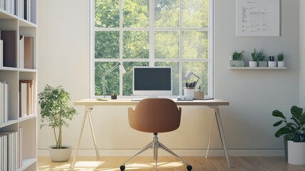 White home office setup with a spacious desk, ergonomic chair, and large window overlooking greenery.
