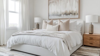 White interior bedroom with a statement bed frame, soft bedding, and a large piece of abstract wall art.
