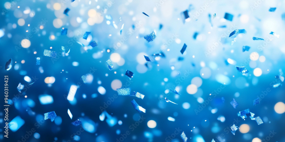 Poster blue confetti falling on a blue background with bokeh and copy space for design.