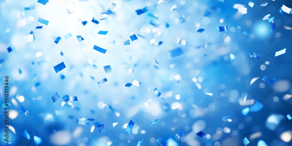 Poster blue confetti falling on a blue background with bokeh and copy space for design.