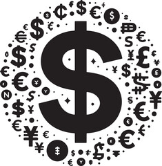 A minimalist black silhouette vector illustration of a large dollar sign in the center, surrounded by smaller symbols of various world currencies, all on a solid white background. 