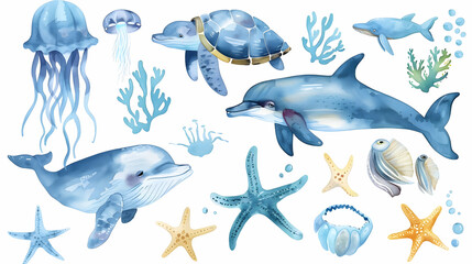 Fototapeta premium Set of sea animals. Blue watercolor ocean fish, turtle, whale and coral. Shell aquarium background. Nautical dolphin marine illustration, jellyfish, starfish