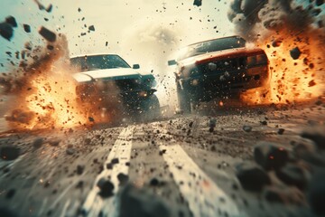 wide angle cinematic scene with the two cars smashing into each other's