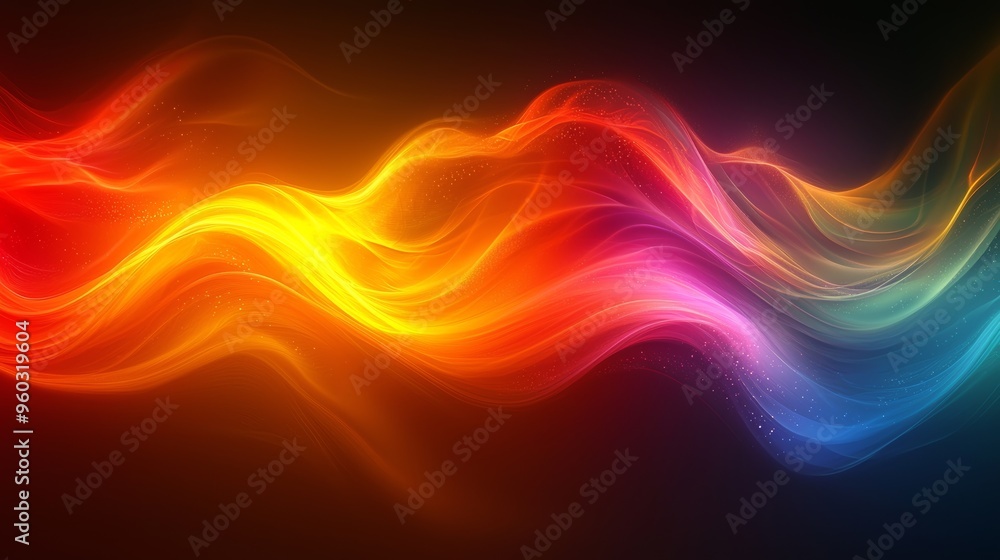 Poster colorful abstract waves of light moving gracefully across a dark background, creating a vibrant visu