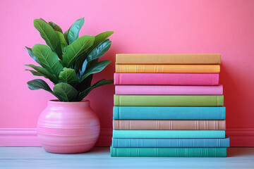 A stack of eco-friendly books with topics on veganism, minimalism, and sustainable living, neatly arranged, isolated on a pastel pink background,