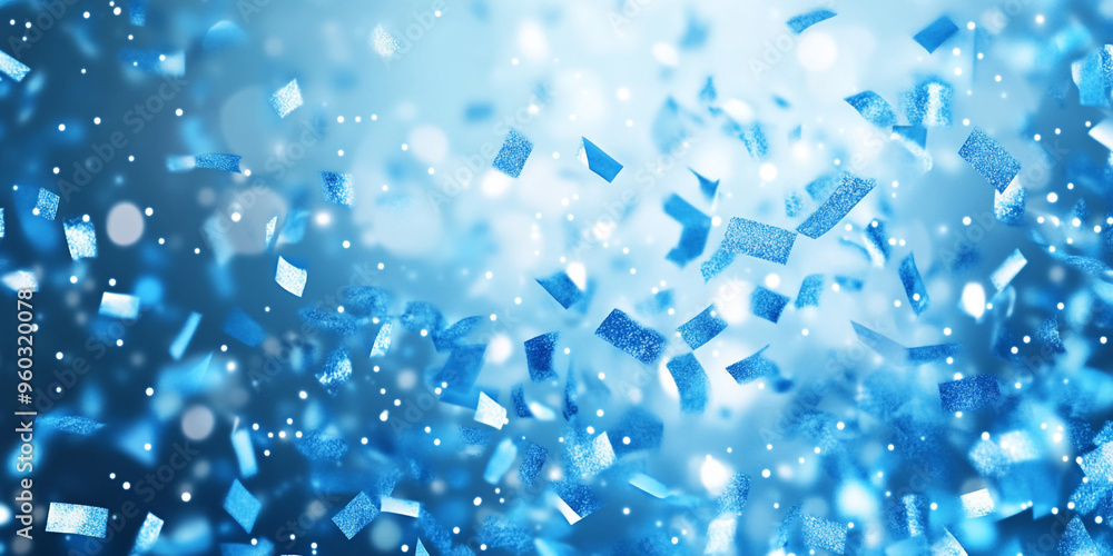 Poster blue confetti falling on a blue background with bokeh and copy space for design.