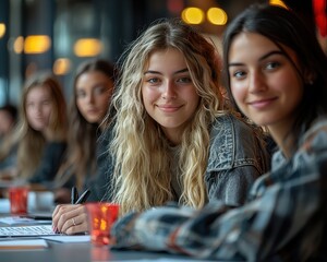 Collaborative Learning: Group of Students Engaged in Modern Study Area