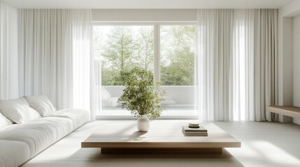 White minimalist living room with large windows, sheer curtains, and a light wooden coffee table centerpiece. -