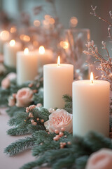 A traditional Christmas dinner table set with candles, pine garlands, and a centerpiece of holly, isolated on a pastel pink background,