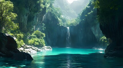 Graphic Tropical Paradise, a serene lagoon surrounded by towering cliffs and lush vegetation, deep teal and green hues, soft ambient lighting with subtle reflections, graphic style with textured