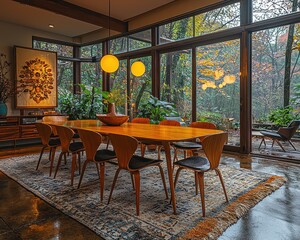 Vibrant Mid-Century Modern Dining Room with Orange Table, Curved Chairs, and Natural Light