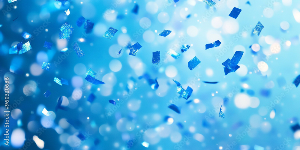 Poster blue confetti falling on a blue background with bokeh and copy space for design.