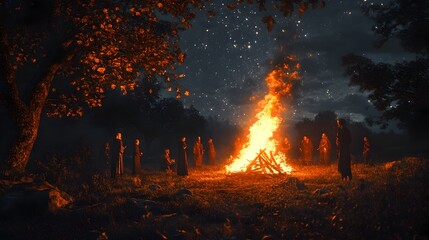 Mystical Autumn Bonfire Under Starry Night Sky