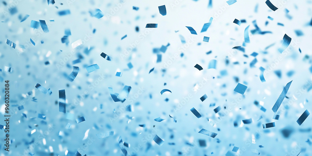 Poster blue confetti falling on a blue background with bokeh and copy space for design.