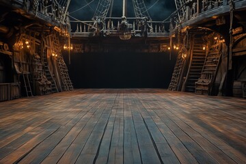 Naklejka premium Background of an empty pirate ship deck for a theater stage scene