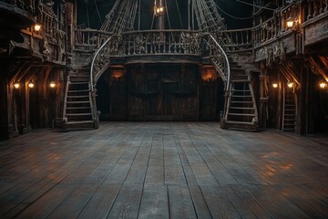 Background of an empty pirate ship deck for a theater stage scene