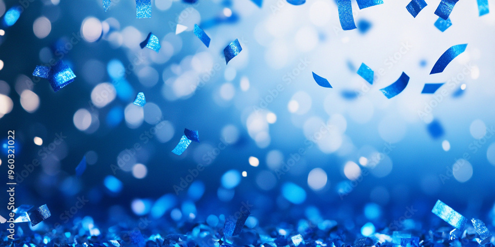 Poster blue confetti falling on a blue background with bokeh and copy space for design.