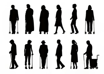 Diverse silhouettes of older adults using walking aids in various postures.