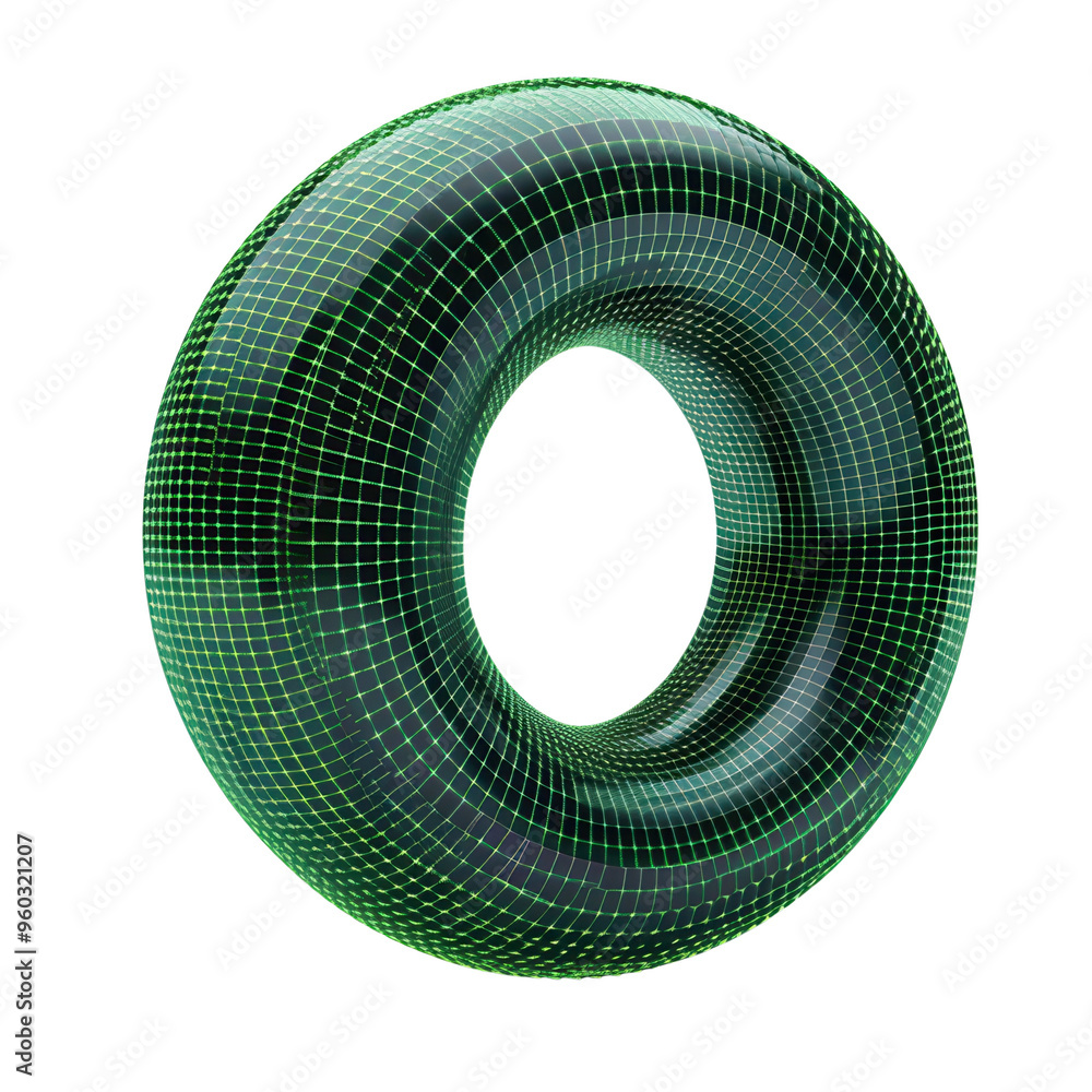 Poster a 3d rendering of a green wireframe donut, showcasing intricate patterns and a modern design, perfec