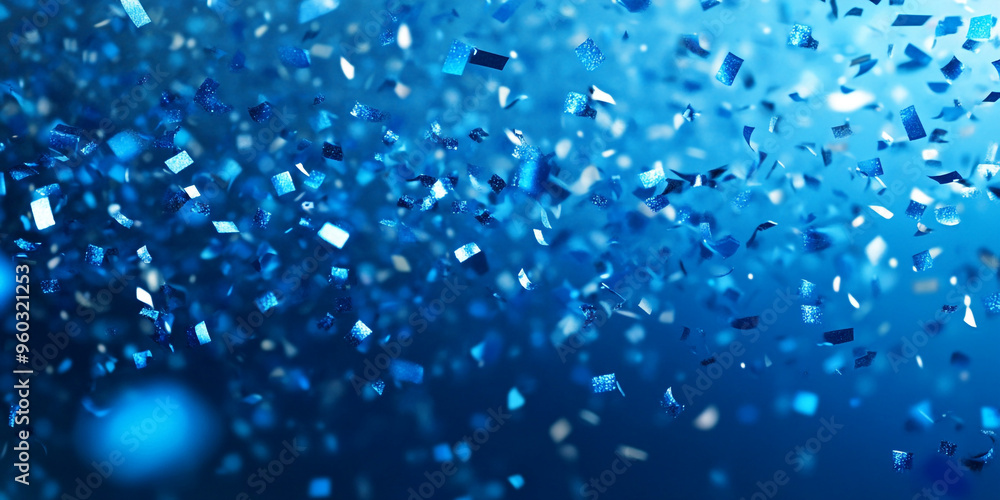 Poster blue confetti falling on a blue background with bokeh and copy space for design.
