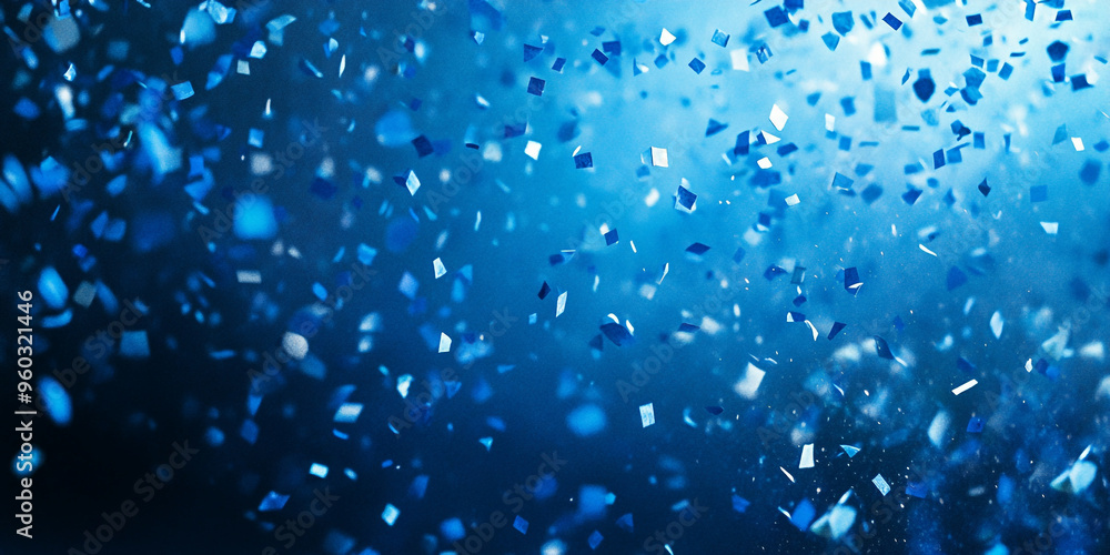 Poster blue confetti falling on a blue background with bokeh and copy space for design.