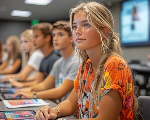 Fototapeta premium Modern Education: Students Collaborating on Tablets in a High-Tech Classroom