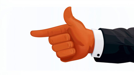 A hand in a black suit points to the left, with the index finger extended and the thumb raised. The background is plain white with copy space. AI generated.