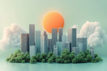 Fototapeta premium A cityscape represented by blocks and rectangles in muted green and gray, with geometric trees and simple sun shapes, isolated on a pastel blue background,