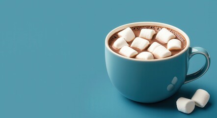 Delicious hot chocolate topped with fluffy marshmallows, served in a light blue cup against a calming turquoise background.