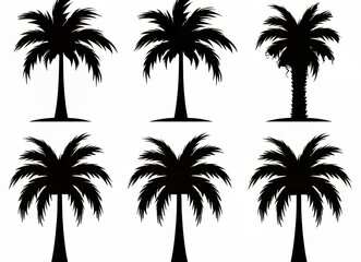 Fototapeta premium Six elegant silhouettes of palm trees on a clean white background.