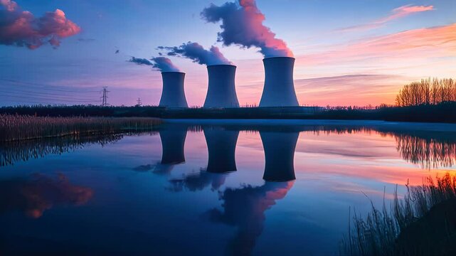A nuclear power plant with its reflection in a lake at dusk