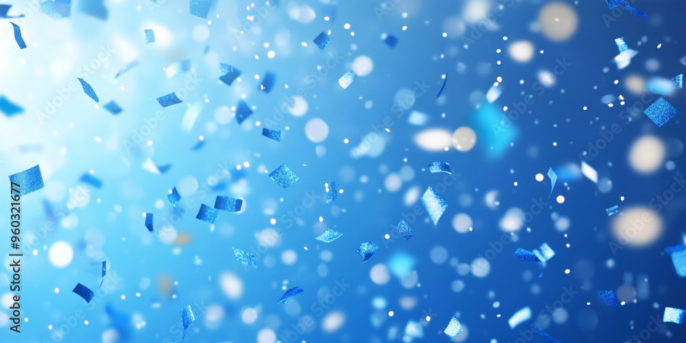 Poster blue confetti falling on a blue background with bokeh and copy space for design.