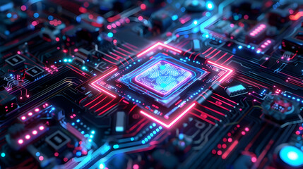 Obraz premium The newest chip, accelerator, processor, illustration. photonic processor of the future