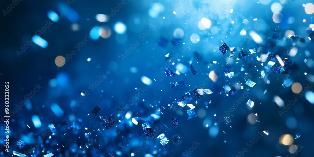 Poster blue confetti falling on a blue background with bokeh and copy space for design.