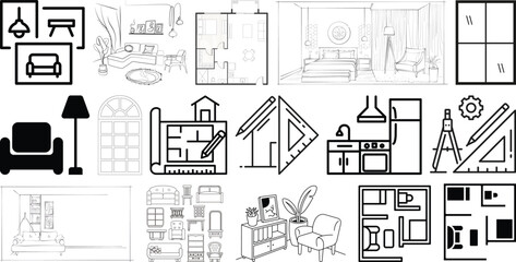 Obraz premium interior and architectural project icons set collection