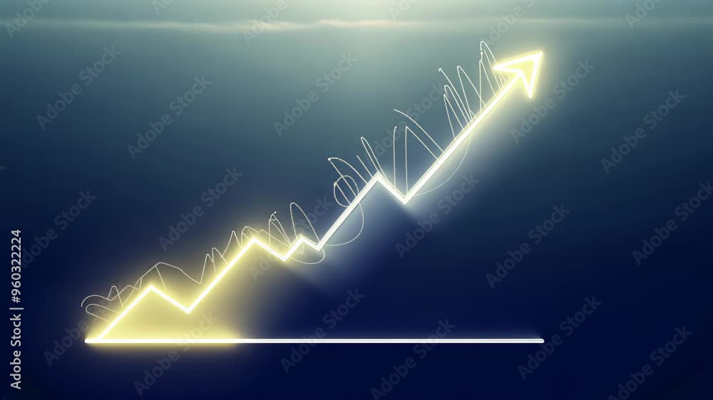 Poster glowing upward-trending graph with a neon-like arrow pointing upwards against a dark blue gradient b