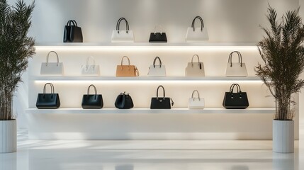 White wall in a retail store, featuring a minimalistic display of luxury handbags on a shelf.