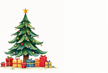 Illustration of Watercolor Christmas Tree with Gift Packages, New Year Background