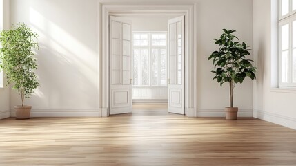 White wall in a spacious room with an open doorway, leading to another room filled with natural light.
