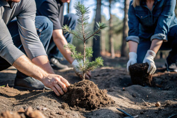 Volunteers carefully plant saplings in a forest, creating a nurturing environment for new growth. The image reflects the importance of reforestation for sustainability