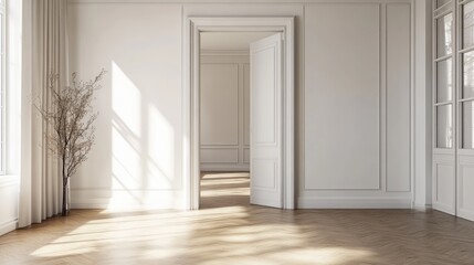 White wall in a spacious room with an open doorway, leading to another room filled with natural light.