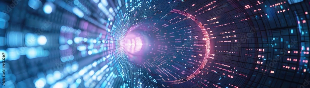 Poster abstract digital tunnel design with glowing lights. suitable for backgrounds, tech themes, and futur