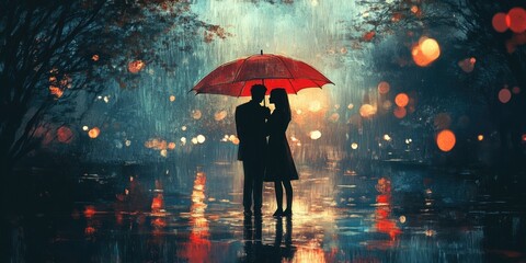 Silhouettes of a Couple Under a Red Umbrella in the Rain