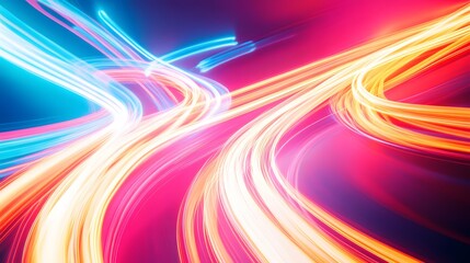 Fototapeta premium Neon Light Trails: Bright neon light trails curving and weaving through the frame, creating abstract shapes on a white background. 