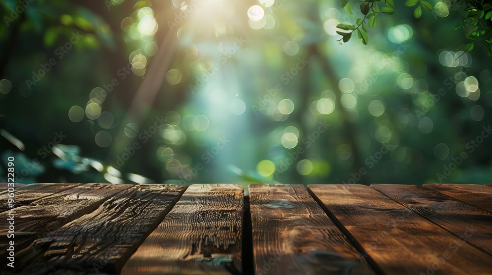 Poster tranquil escape empty wooden table with blurred jungle background and bokeh light