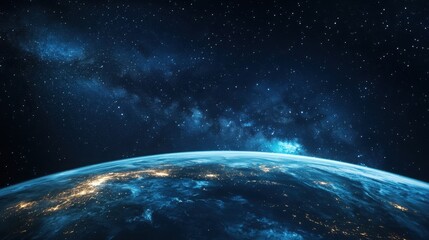 Fototapeta premium ภาพกลางคืนอันสวยงามของโลกจากอวกาศ พร้อมดวงดาวและกาแล็กซีบนท้องฟ้า และแสงไฟในเมืองที่ส่องสว่างบนขอบฟ้าในยามพลบค่ำหรือรุ่งเช้า
